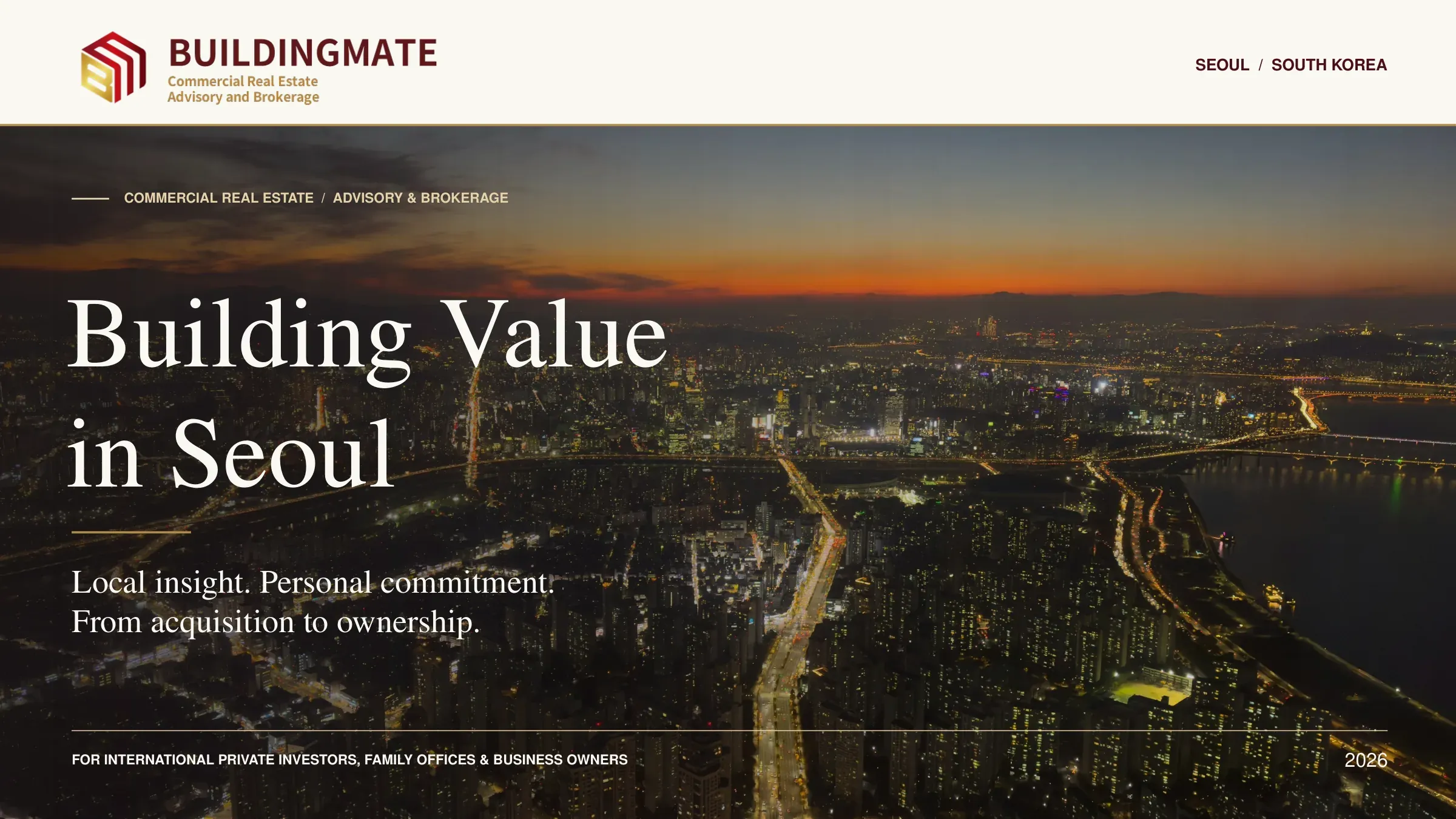 Building Mate profile, page 1 — Building Value in Seoul: commercial real estate advisory and brokerage for international investors