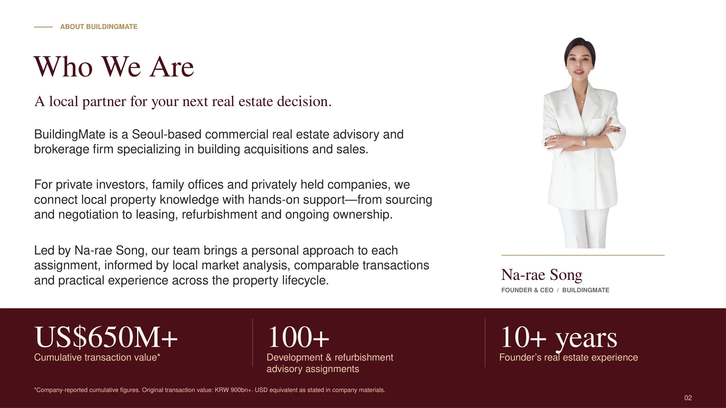 Building Mate profile, page 2 — Who we are: a Seoul-based advisory and brokerage firm led by Na-rae Song, founder and CEO