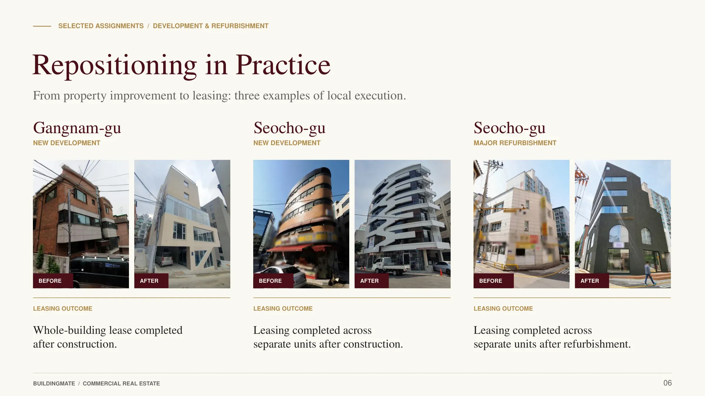Building Mate profile, page 6 — repositioning in practice: before and after examples in Gangnam-gu and Seocho-gu