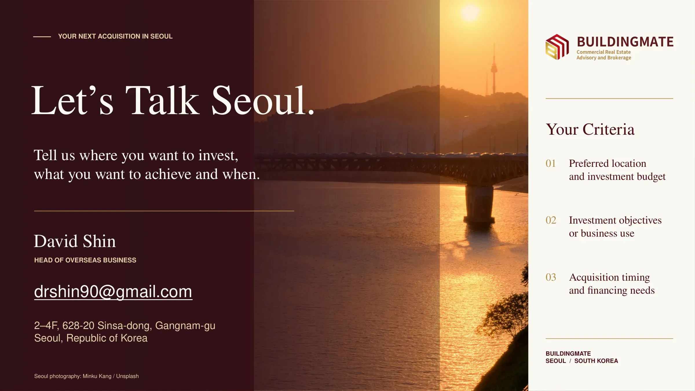 Building Mate profile, page 9 — contact: David Shin, Head of Overseas Business, Seoul office address and enquiry details